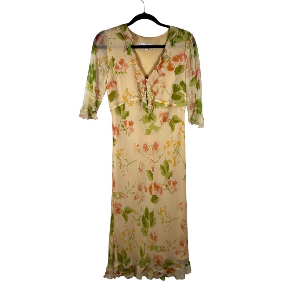 Vintage 90s Philip DiCaprio Silk Chiffon Floral Midi Dress Romantic Cottagecore